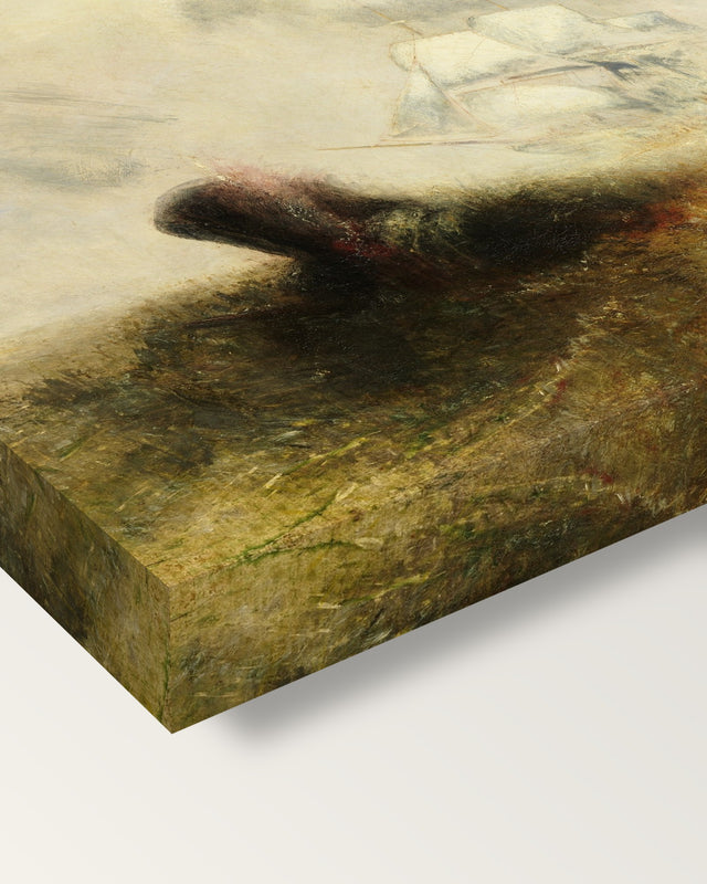 Whalers (The Met) by J. M. W. Turner on stretched canvas, corner close-up: the painting mirror-wrapped round the sides