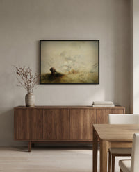 Whalers (The Met) by J. M. W. Turner in a black frame above a walnut sideboard in a dining room