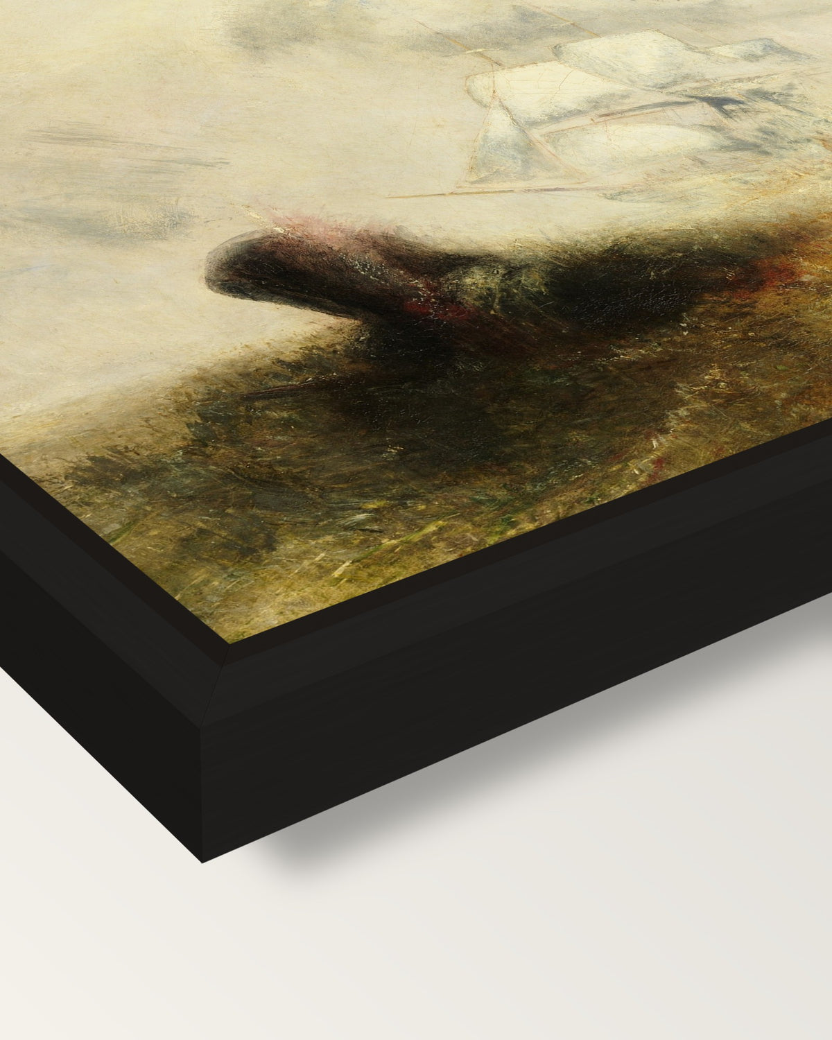 Whalers (The Met) by Turner framed canvas, corner close-up: a black floating frame with a shadow gap round the canvas