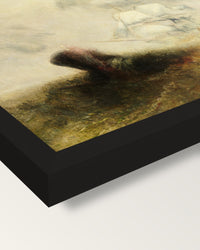 Whalers (The Met) by J. M. W. Turner framed print, corner close-up: black moulding, mitred, the print set just below its edge