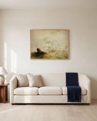 Whalers (The Met) by J. M. W. Turner framed in natural oak above a cream sofa in a warm living room