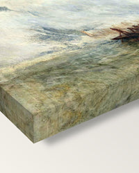Whalers by J. M. W. Turner on stretched canvas, corner close-up: the painting mirror-wrapped round the sides