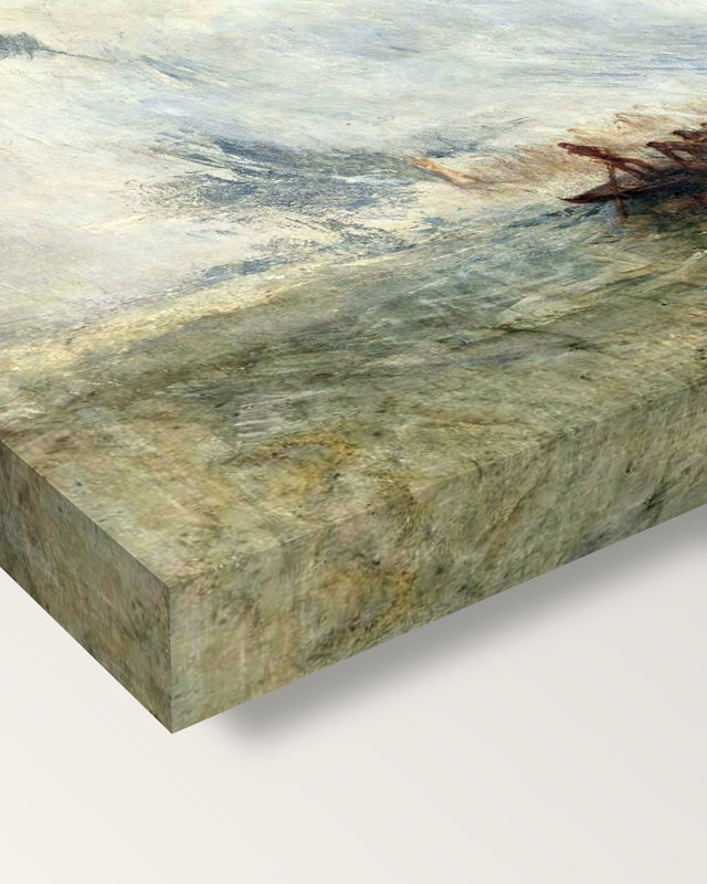 Whalers by J. M. W. Turner on stretched canvas, corner close-up: the painting mirror-wrapped round the sides