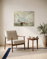Whalers by J. M. W. Turner as a stretched canvas above a linen lounge chair in a reading corner