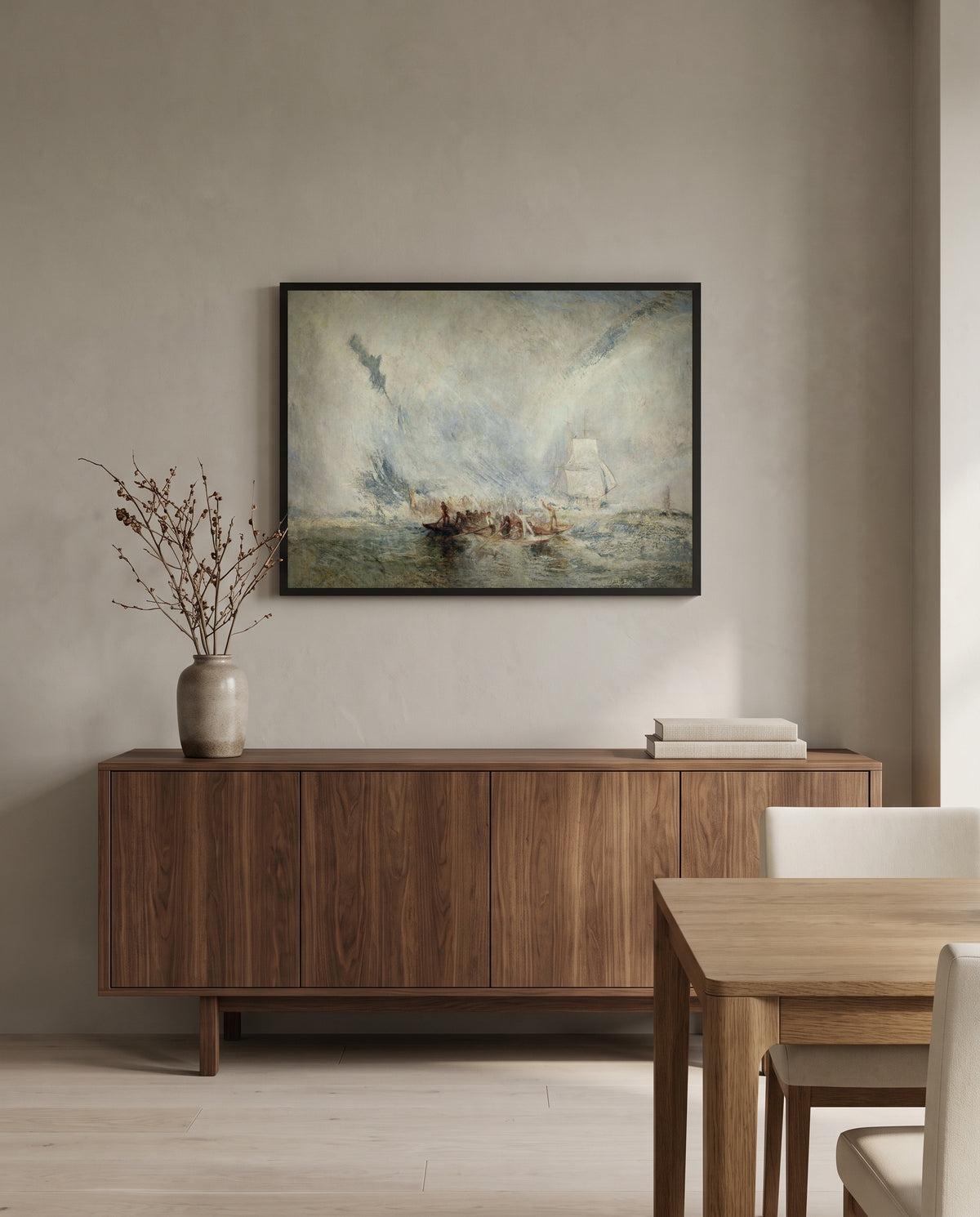 Whalers by J. M. W. Turner in a black frame above a walnut sideboard in a dining room