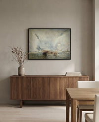 Whalers by J. M. W. Turner in a black frame above a walnut sideboard in a dining room