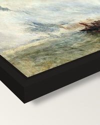 Whalers by J. M. W. Turner framed canvas, corner close-up: a black floating frame with a shadow gap round the canvas