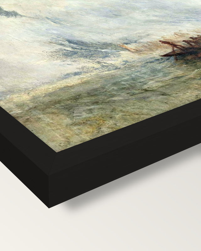 Whalers by J. M. W. Turner framed print, corner close-up: black moulding, mitred, the print set just below its edge
