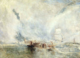 Whalers by Turner: small whaleboats in a pale storm of spray and sea, a ship behind under a misty sky