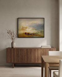 Wreckers, Northumberland by J. M. W. Turner in a black frame above a walnut sideboard in a dining room