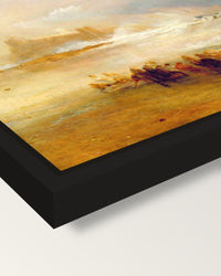 Wreckers, Northumberland by Turner framed canvas, corner close-up: a black floating frame with a shadow gap round the canvas