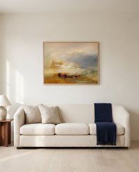 Wreckers, Northumberland by J. M. W. Turner framed in natural oak above a cream sofa in a warm living room