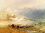 Wreckers, Coast of Northumberland by Turner: a ship in a storm, a steamboat, castle ruins and dark figures on a golden beach