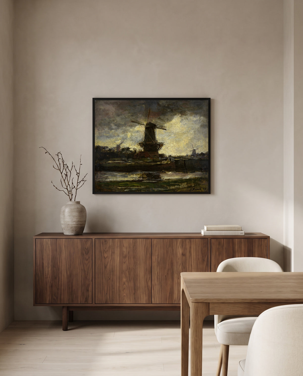 Three Windmills by Jacob Maris in a black frame above a walnut sideboard in a dining room
