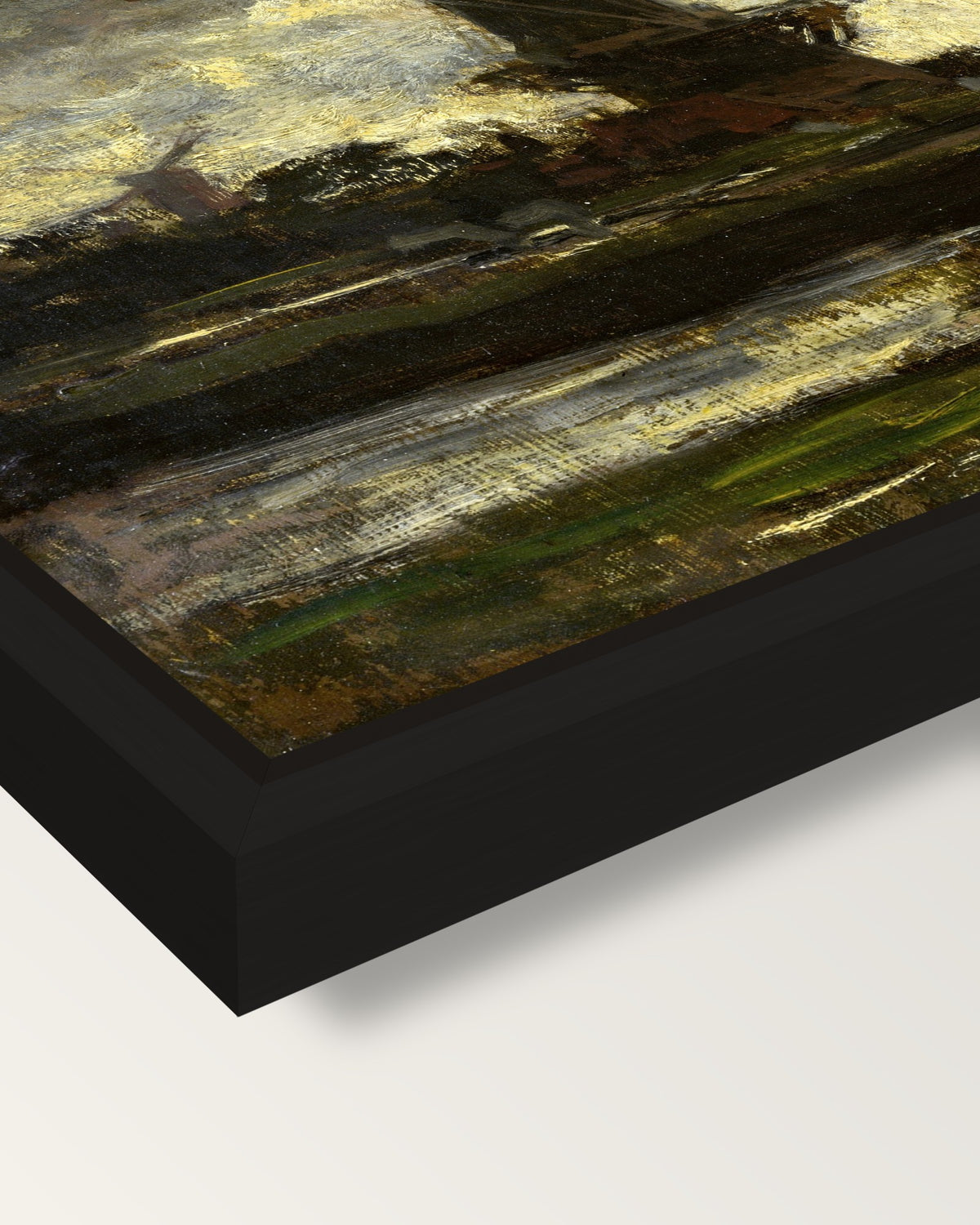 Three Windmills by Jacob Maris framed canvas, corner close-up: a black floating frame with a shadow gap round the canvas
