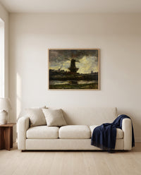 Three Windmills by Jacob Maris framed in natural oak above a cream sofa in a warm living room