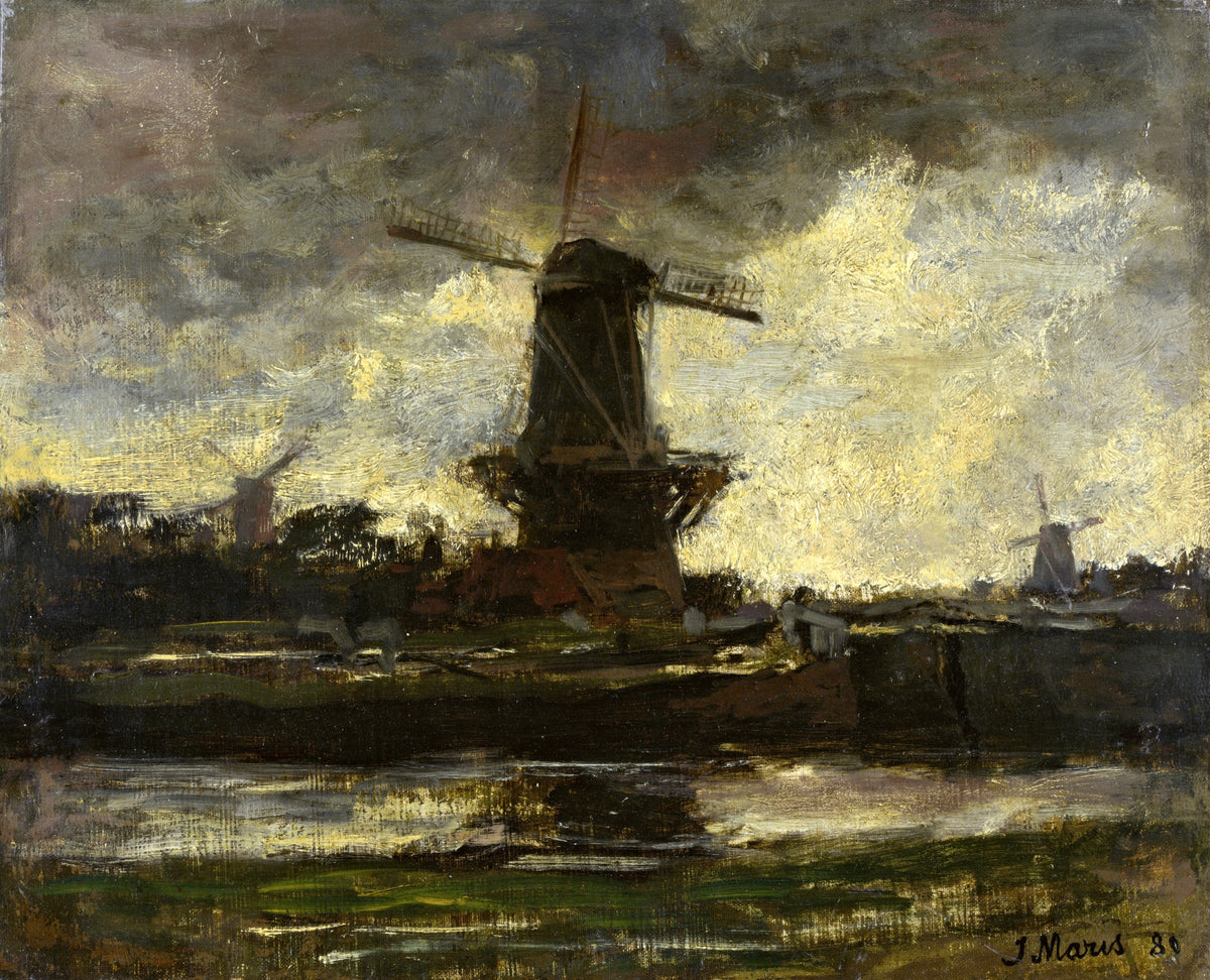 Three Windmills by Jacob Maris: a dark windmill by a still canal under a heavy, broken grey sky, two more mills beyond