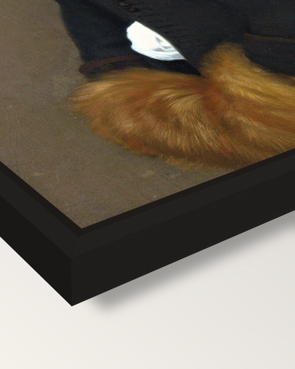 Portrait of a Boy Aged 11 framed canvas, corner close-up: a black floating frame with a shadow gap round the canvas