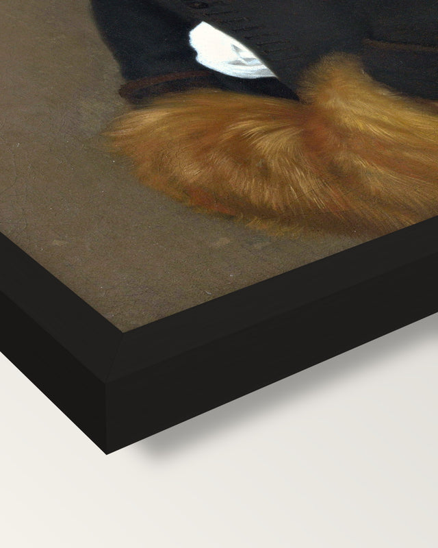 Portrait of a Boy Aged 11 framed print, corner close-up: black moulding, mitred, the print set just below its edge