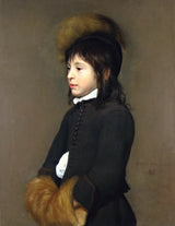 Portrait of a Boy Aged 11 by Jacob van Oost: a boy in black with a white collar, a feathered hat and a fur muff