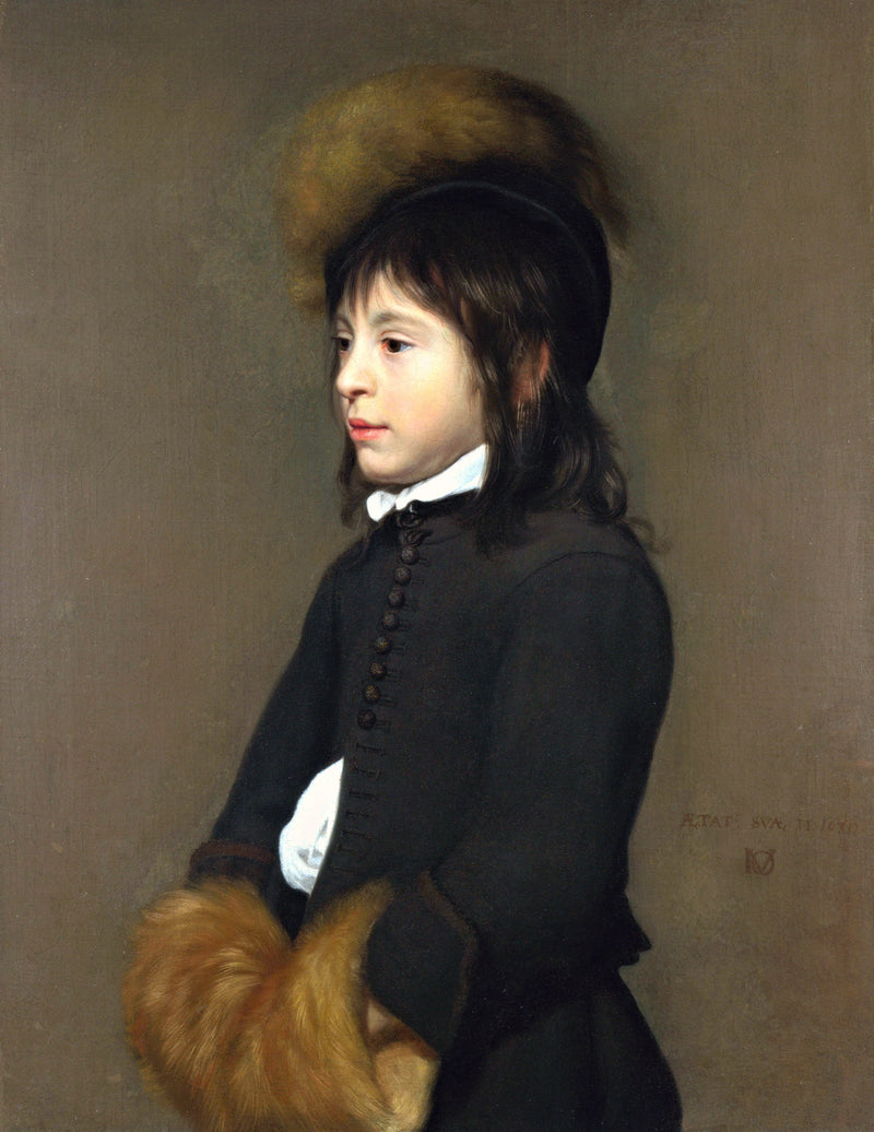 Portrait of a Boy Aged 11 by Jacob van Oost: a boy in black with a white collar, a feathered hat and a fur muff