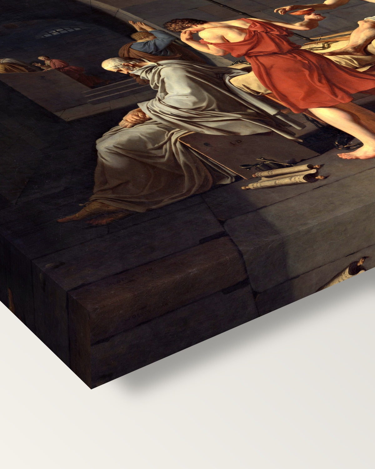The Death of Socrates by David on stretched canvas, corner close-up: the painting mirror-wrapped round the sides