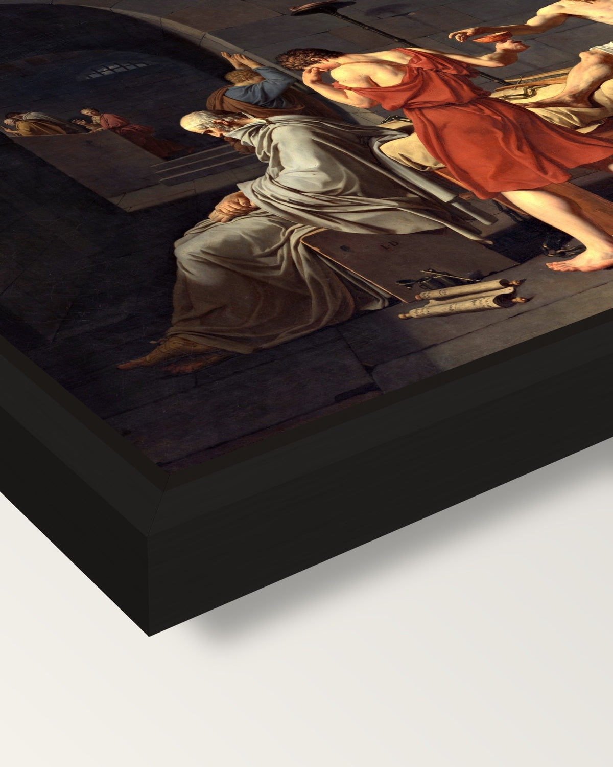 The Death of Socrates by David framed canvas, corner close-up: a black floating frame with a shadow gap round the canvas