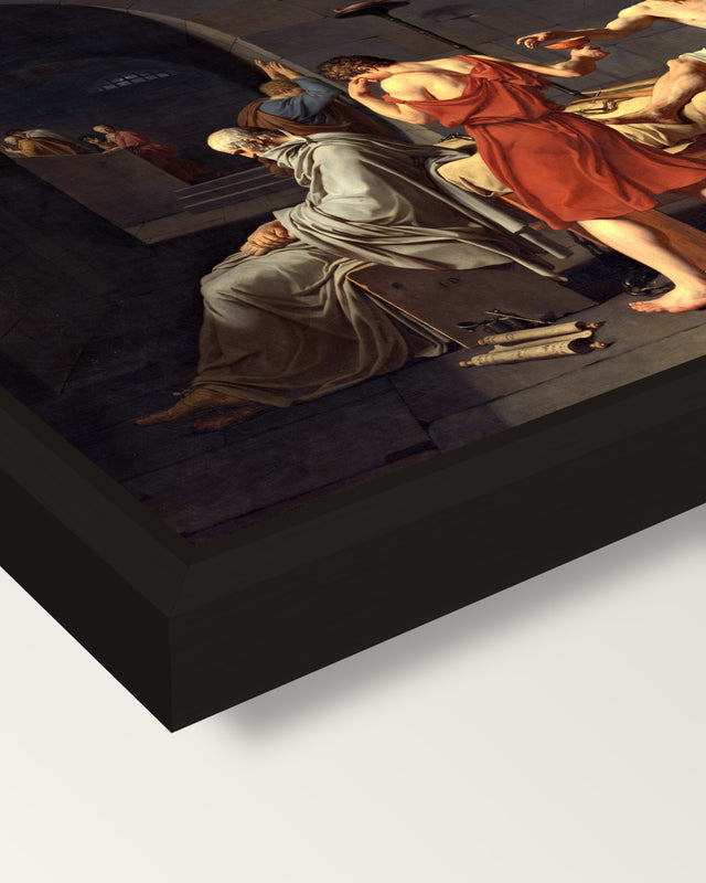 The Death of Socrates by David framed canvas, corner close-up: a black floating frame with a shadow gap round the canvas