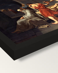 The Death of Socrates by David framed print, corner close-up: black moulding, mitred, the print set just below its edge