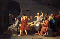 The Death of Socrates by Jacques-Louis David: Socrates on his prison bed reaching for a cup of poison, his friends grieving