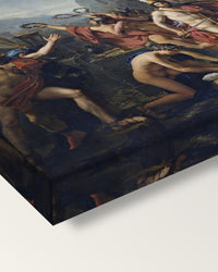 Leonidas at Thermopylae by David on stretched canvas, corner close-up: the painting mirror-wrapped round the sides