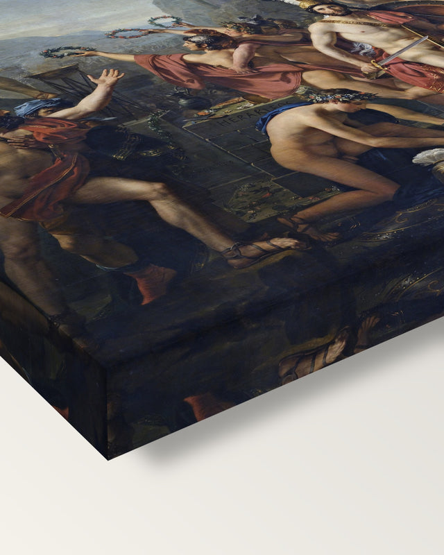 Leonidas at Thermopylae by David on stretched canvas, corner close-up: the painting mirror-wrapped round the sides