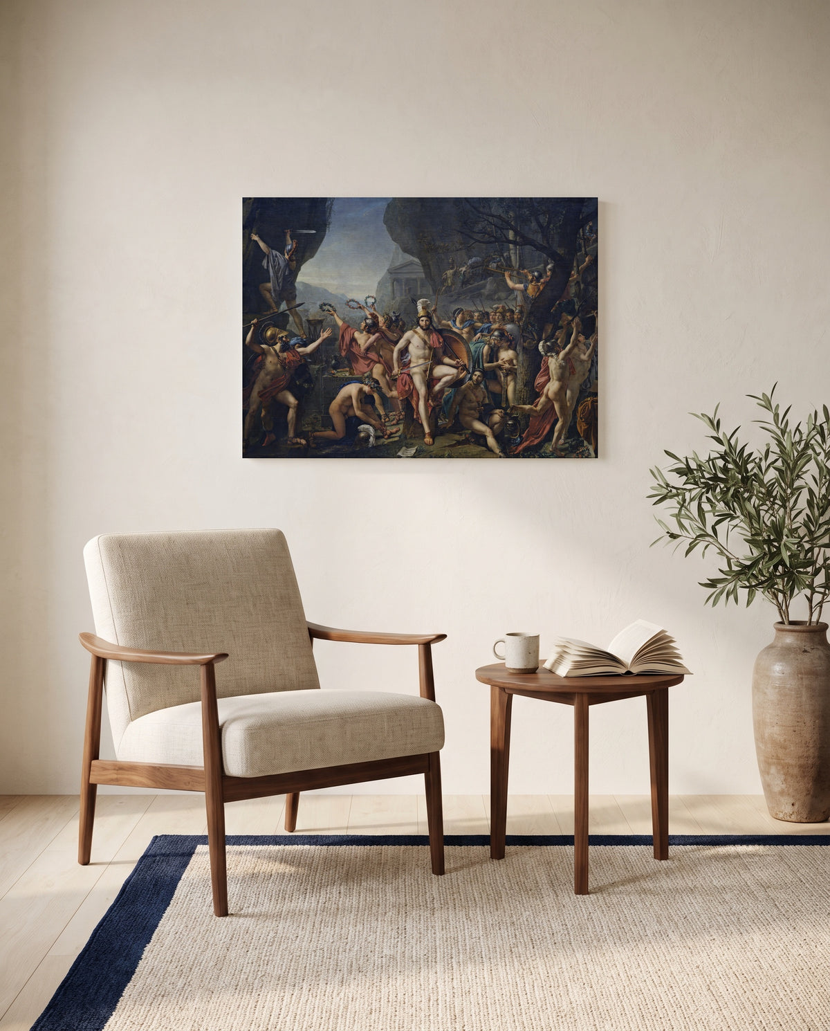 Leonidas at Thermopylae by Jacques-Louis David as a stretched canvas above a linen lounge chair in a reading corner