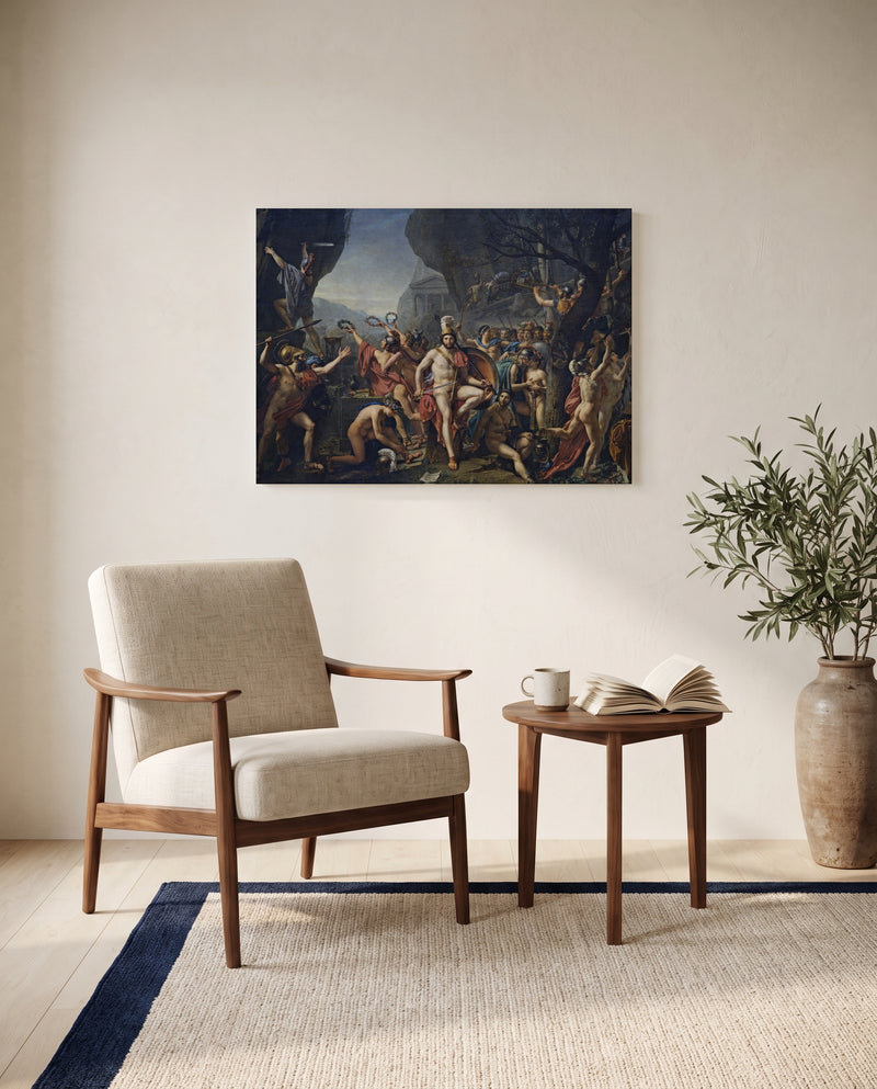 Leonidas at Thermopylae by Jacques-Louis David as a stretched canvas above a linen lounge chair in a reading corner