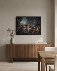 Leonidas at Thermopylae by Jacques-Louis David in a black frame above a walnut sideboard in a dining room