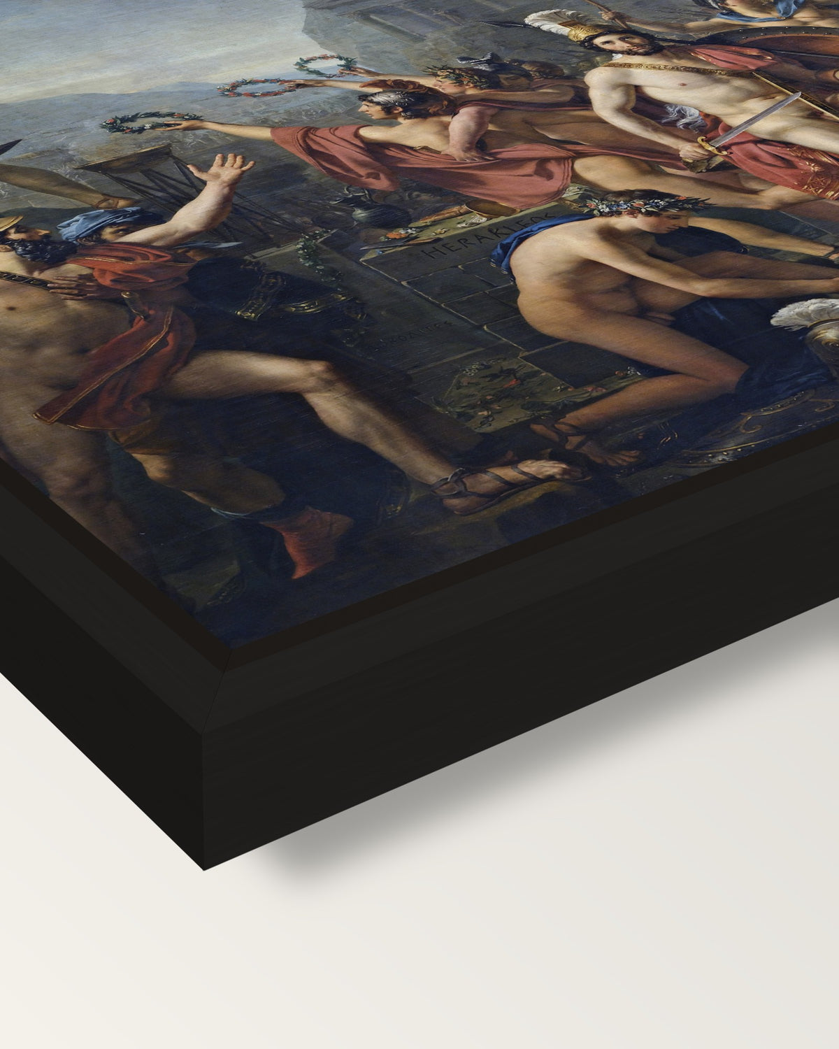 Leonidas at Thermopylae by David framed canvas, corner close-up: a black floating frame with a shadow gap round the canvas