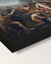 Leonidas at Thermopylae by David framed canvas, corner close-up: a black floating frame with a shadow gap round the canvas