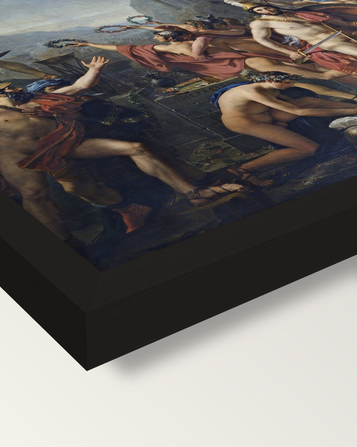Leonidas at Thermopylae by David framed print, corner close-up: black moulding, mitred, the print set just below its edge