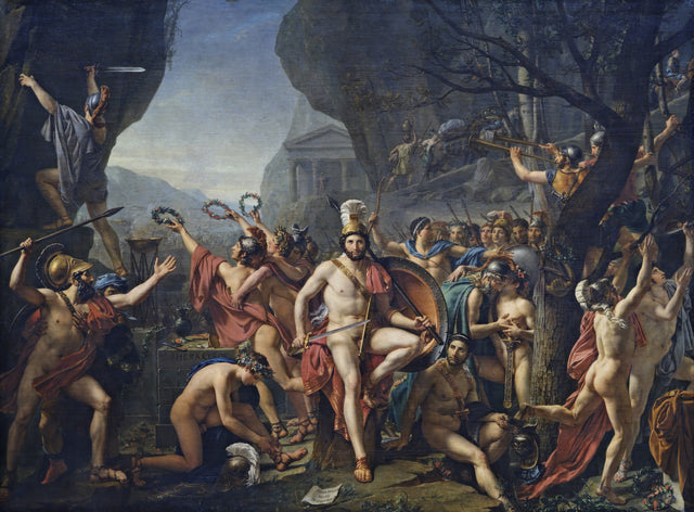Leonidas at Thermopylae by Jacques-Louis David: a Spartan king with shield and helmet among his soldiers in a pass