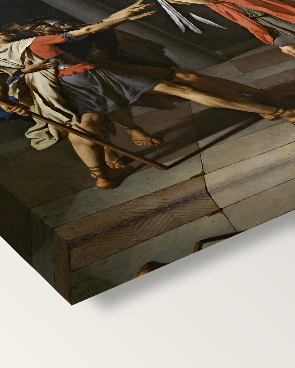 Oath of the Horatii by Jacques-Louis David on stretched canvas, corner close-up: the painting mirror-wrapped round the sides