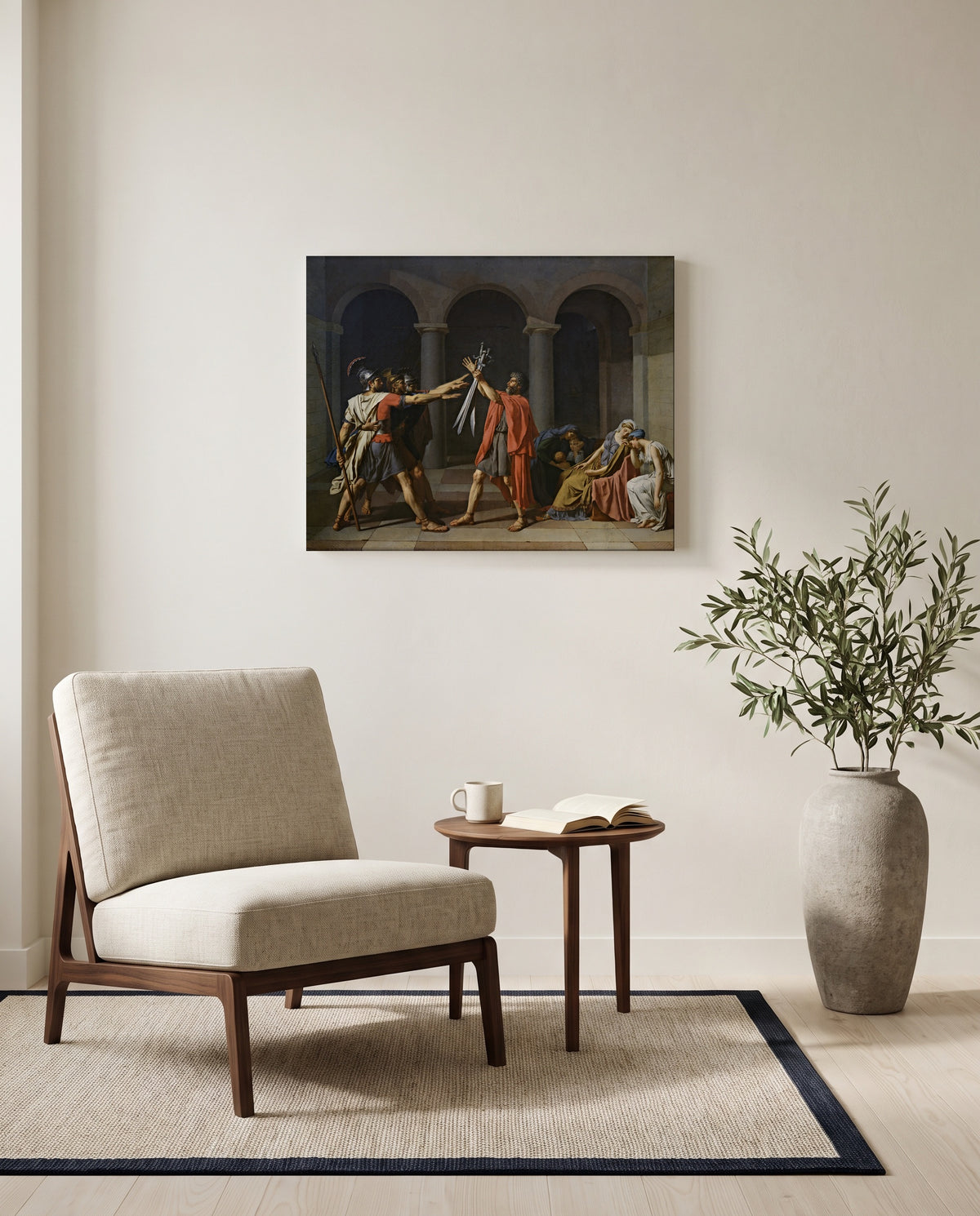 Oath of the Horatii by Jacques-Louis David as a stretched canvas above a linen lounge chair in a reading corner