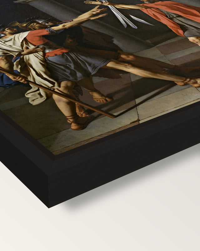 Oath of the Horatii by David framed canvas, corner close-up: a black floating frame with a shadow gap round the canvas