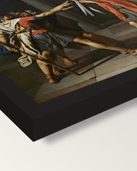 Oath of the Horatii by David framed print, corner close-up: black moulding, mitred, the print set just below its edge