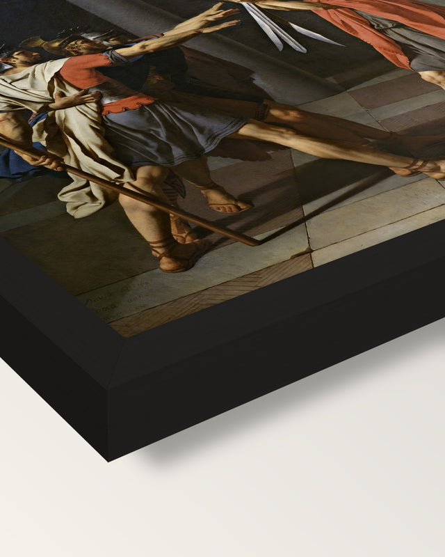 Oath of the Horatii by David framed print, corner close-up: black moulding, mitred, the print set just below its edge