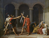 Oath of the Horatii by Jacques-Louis David: three Roman brothers salute the swords their father holds up; women weep at right