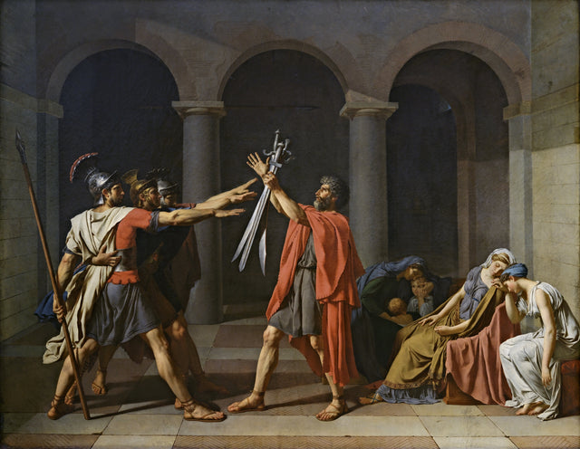 Oath of the Horatii by Jacques-Louis David: three Roman brothers salute the swords their father holds up; women weep at right