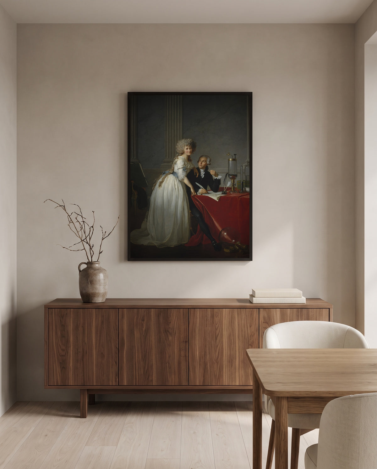 The Lavoisiers by Jacques-Louis David in a black frame above a walnut sideboard in a dining room