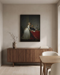 The Lavoisiers by Jacques-Louis David in a black frame above a walnut sideboard in a dining room