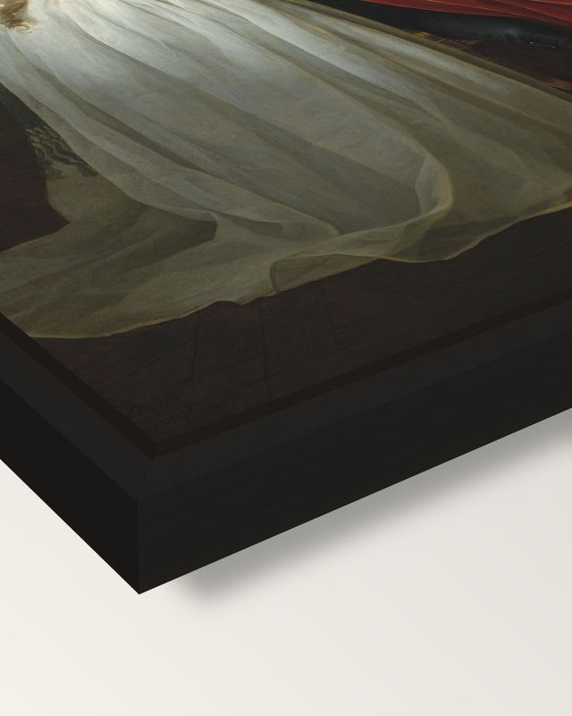 The Lavoisiers by David framed canvas, corner close-up: a black floating frame with a shadow gap round the canvas