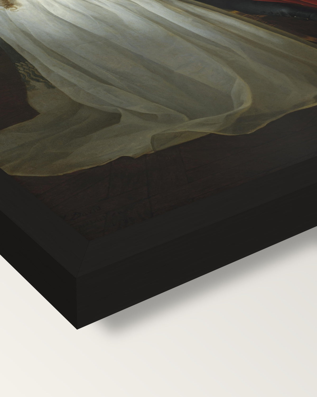 The Lavoisiers by David framed print, corner close-up: black moulding, mitred, the print set just below its edge